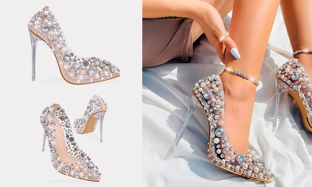 Champagne – Zapatillas con Mica Transparente, Pedreria y Perlas