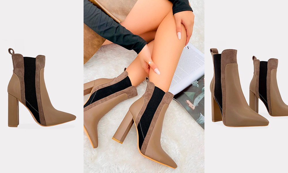 Tessa – Botines Taupe, Tacón Cuadrado con Terminación «Pointy»