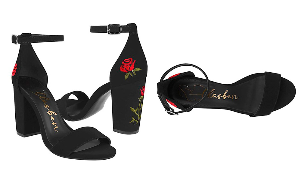 160449 – Sandalias en Suede Negro, Tacón Cuadrado