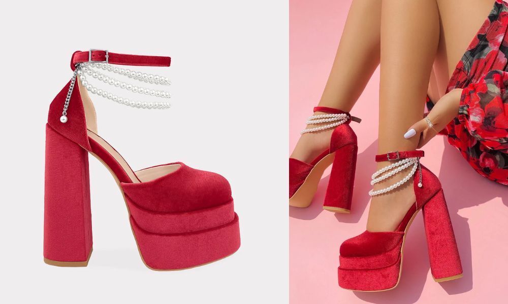 Pleasure – Tacones Rojos de Plataforma con Terciopelo y Perlas