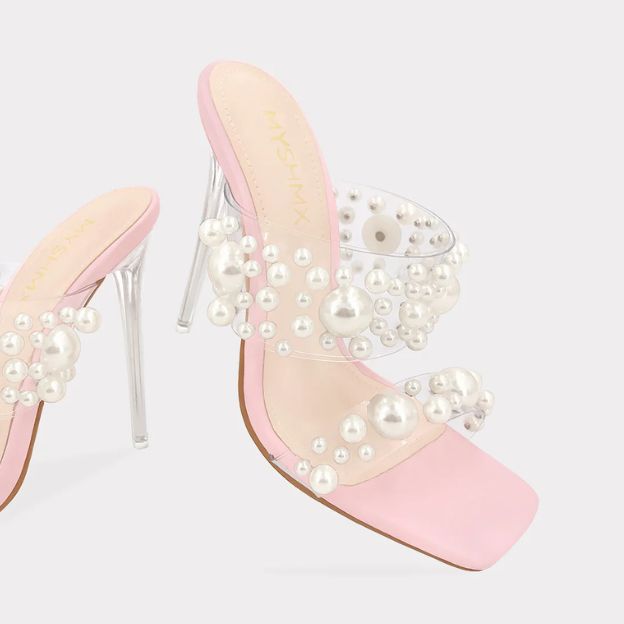 Zapatillas Rosa con Mica Transparente y Perlas