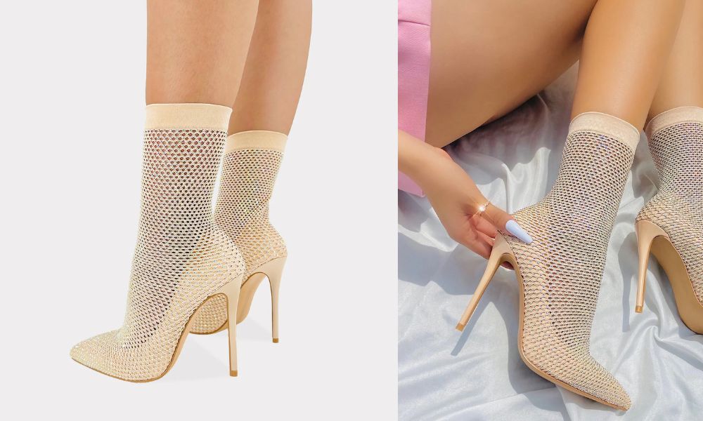 Sensitive – Zapatillas Nude con Media de Red y Brillos Tornasol