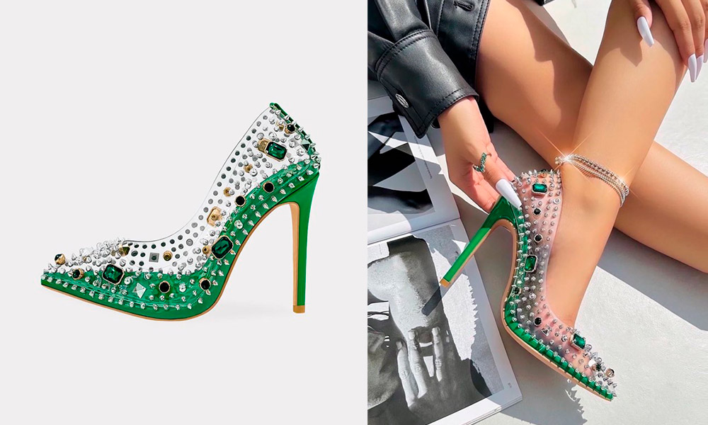 QUEENCIE – Zapatillas Verdes con Mica Transparente y Joyería