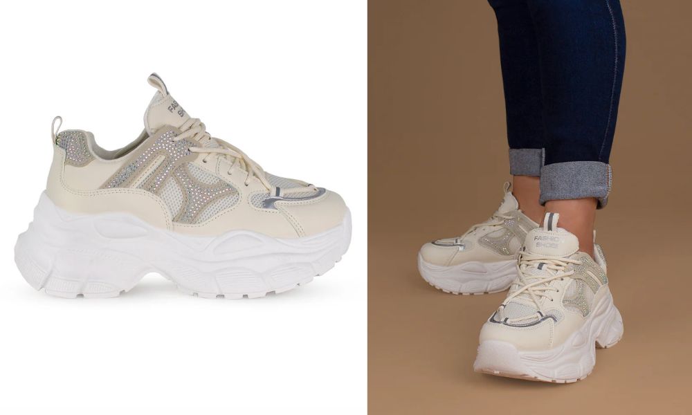 320-1314 – Tenis de Moda Beige con Plataforma para Mujer